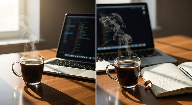 Steaming hot coffee next to a laptop displaying code sits ready for morning productivity and remote.