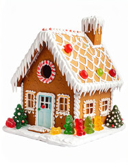 Decorated gingerbread house with gumdrop figures and candy cane accents on a snowy base