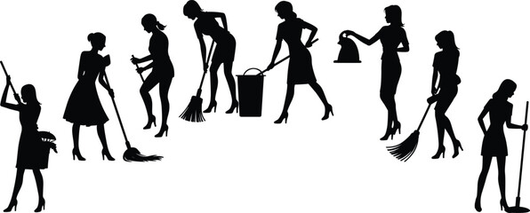 Silhouettes of women cleaning with broom, mop, vacuum, and dustpan showing domestic labor and household activity