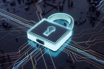 Digital Fortress: A glowing padlock illuminates the intricate network of circuit boards, representing robust data security and digital protection. The image encapsulates the essence of cybersecurity.