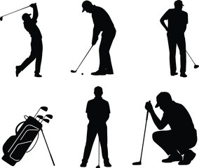 Obraz premium Silhouettes of golfers in various poses with clubs and bag on white background Keywords: golfer, golf, silhouette, man, male