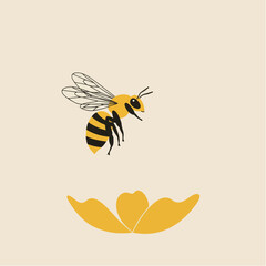 Stylized illustration of a honeybee flying towards a simple yellow flower.