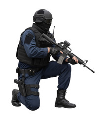 Fototapeta premium SWAT Officer Kneeling Ready to Shoot on Isolated Background