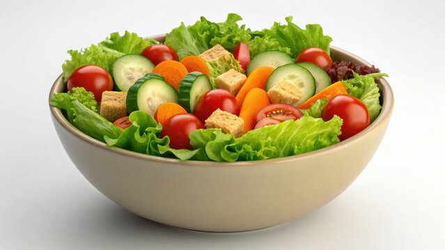 3D Infographic Concepts Fresh vegetable salad in a beige bowl filled with lettuce, tomatoes, cucumbers, and carrots.