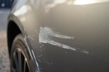 Car side panel with white paint scratches and reflection