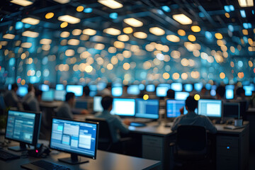 Blurred team working in a modern data center with many computer screens