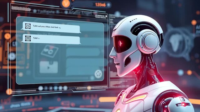 Futuristic chat ai user interface in action, artificial intelligence system, chatting with a bot, dynamics elements, advanced ai technology (3d render)