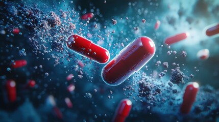 Red medical capsules floating through a microscopic environment interacting with dark blue cellular structures and particles 