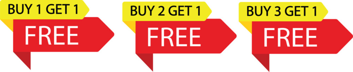 buy one get one free promotional sale badge ribbon label set retail discount offer isolated on white background.