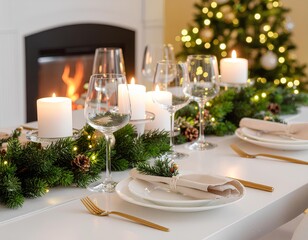 Fototapeta premium Elegant Christmas dinner table setting with candles, garland, and festive decorations by a fireplace and blurred Christmas tree.