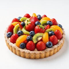 Obraz premium Vibrant fresh fruit tart with strawberry and blueberry toppings.
