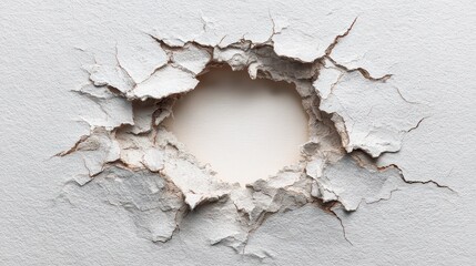 Ruptured White Textured Wall with a Round Hole Exposing a Bright Inner Surface