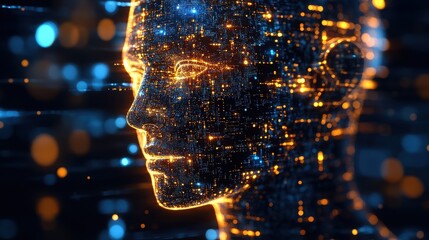 Digital human profile constructed from glowing circuits and data points against a dark technological background 