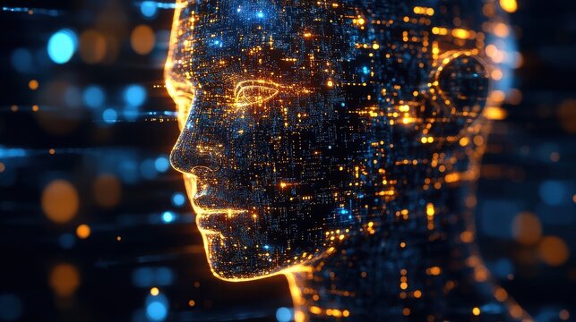 Digital human profile constructed from glowing circuits and data points against a dark technological background  - Powered by Adobe