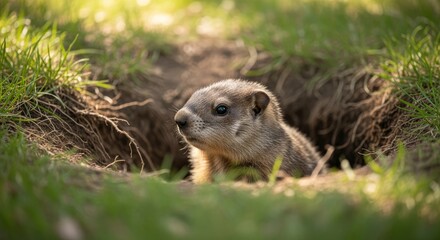 Fototapeta premium Groundhog standing alert near its burrow in a grassy field. A burrowing rodent known for predicting seasons, thick fur, and strong connection to nature and countryside life.