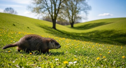 Groundhog standing alert near its burrow in a grassy field. A burrowing rodent known for predicting seasons, thick fur, and strong connection to nature and countryside life.