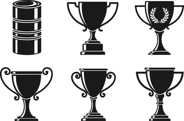 Set of six different trophy cup and award silhouettes, including a laurel wreath emblem and a unique cylindrical shape, symbolizing competition, victory, and achievement vector illustration. © It's Majed Here