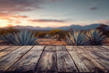 Rustic Wooden Tabletop with Blurred Agave Plants and Mountain Landscape Under Warm Sunset Sky in Background