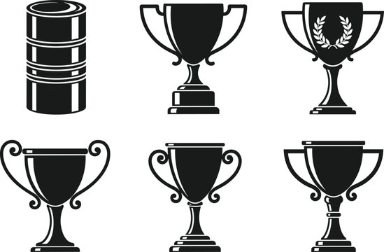 Set of six different trophy cup and award silhouettes, including a laurel wreath emblem and a unique cylindrical shape, symbolizing competition, victory, and achievement vector illustration.