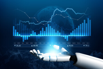 A futuristic robot hand elegantly displays interactive data analytics with dynamic graphs and charts set against a vibrant blue background, symbolizing innovation in technology. Scalp