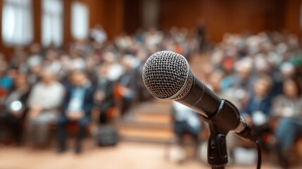 A close-up view of a microphone in focus, with a blurred background of an audience gathered in an auditorium