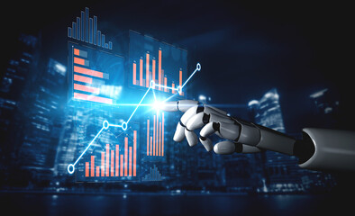 A robotic hand points towards a vibrant analytics dashboard showcasing data trends and statistics against a modern city skyline, symbolizing technology progress. Scalp