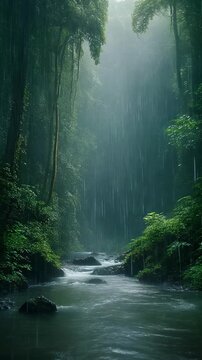 Create a 4K seamless looping virtual video background of a tropical forest with a flowing ri 