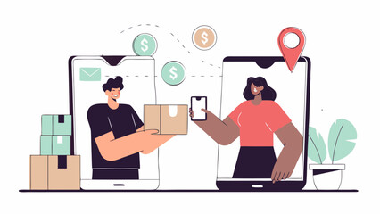 Online delivery service concept with man delivering package to woman via mobile application interface