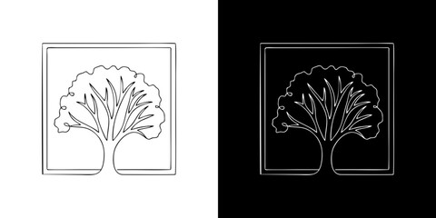 Modern outline depiction of a thriving tree motif, gracefully contained within a clean square border, symbolizing life, sustainability, and green consciousness in a dual aesthetic
