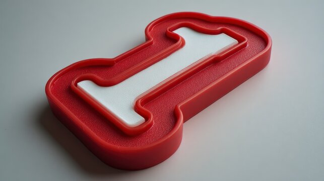 A close-up view of a red and white 3D-rendered number one inside a rectangular, rounded, plastic frame, positioned on a white surface