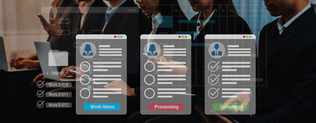 Digital interface displaying project tasks under Work Items, Processing, and Completed categories with Gantt chart timeline visualization Parse