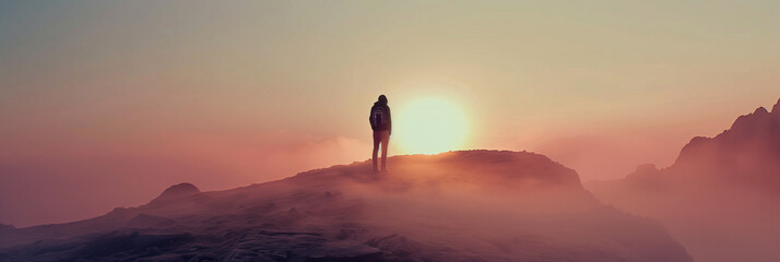 Silhouette of a lone hiker standing on mountain peak at sunset above clouds, misty cinematic landscape, freedom and journey concept