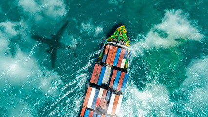 Aerial view of the freight shipping transport system cargo ship container. international transportation Export-import business, logistics, transportation industry concepts  © Media 
