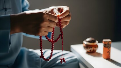 Person holding red prayer beads