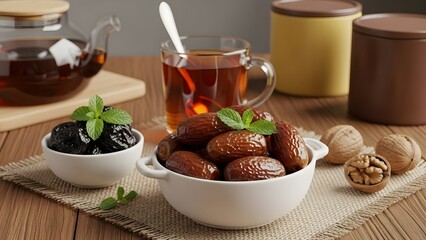 Dates and Herbal Tea on a Wooden Table