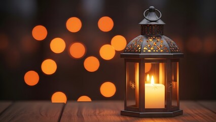 Lantern with Candle on Wooden Table