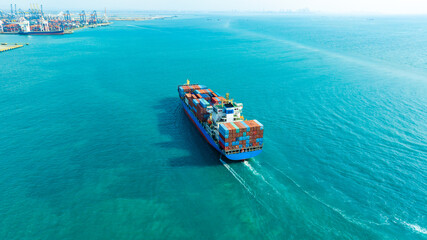 Aerial view of the freight shipping transport system cargo ship container. international transportation Export-import business, logistics, transportation industry concepts	