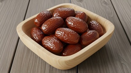 Dates in a Wooden Bowl on a Table