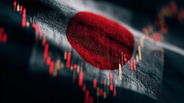 A close-up view of the Japanese flag overlaid with a financial chart. It suggests economic analysis and market trends - Powered by Adobe