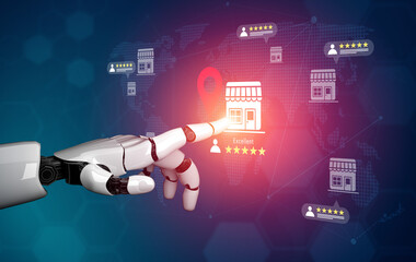 A robotic hand engages with a digital representation of a global marketplace, showcasing reviews and ratings that enhance consumer experiences and interactions. Gantry