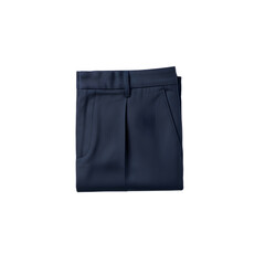 Folded navy blue dress trousers with sharp pleats on transparent background