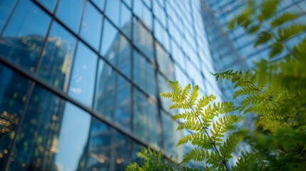 A close-up view of vibrant green fern leaves in the foreground, with reflective glass buildings in background. Focus on foliage & architecture