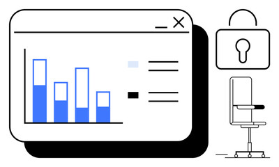 Data protection, workplace analytics, digital security, privacy management, information access, business trends. A bar graph, locked padlock and office chair are . Data protection and workplace © robu_s