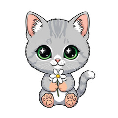 Obraz premium A cute cartoon gray cat with green eyes holds a white daisy flower against a clean white background, conveying a sweet and charming mood with a mix of soft pastel colors.