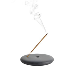 Burning incense stick releasing white smoke from a dark stone holder on transparent background