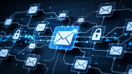 A hand presses a blue internet communication button featuring an e-mail address symbol and envelope icon for sending a business message letter in this web technology network concept vector illustratio