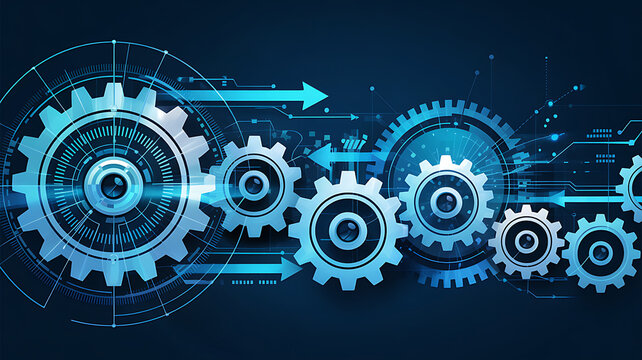 Abstract blue technology background featuring industrial gears and mechanical cogwheels as a vector illustration of engineering machinery and business teamwork concept