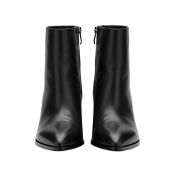 Sleek black leather ankle boots with pointed toes and side zippers on transparent background
