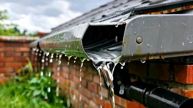 Close Up Rain Water Dripping From Metal Gutter.