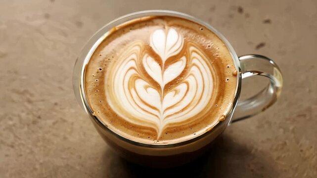 Elegant latte art coffee cup viewed from above.